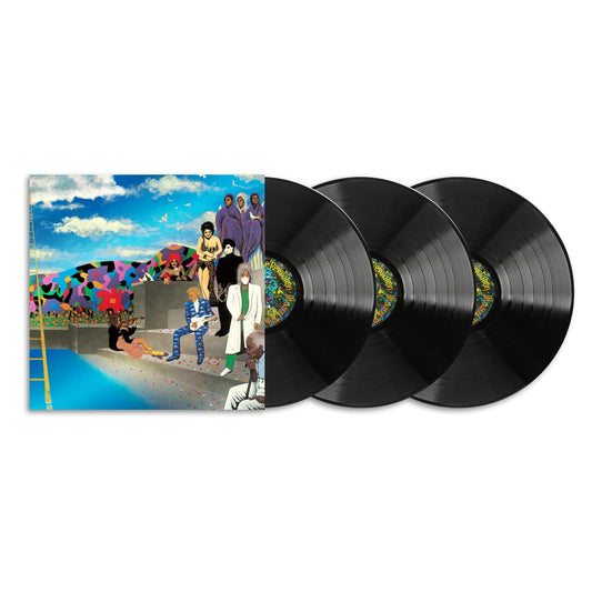 Three black vinyl records with a colorful album cover featuring people and animals on a white background.