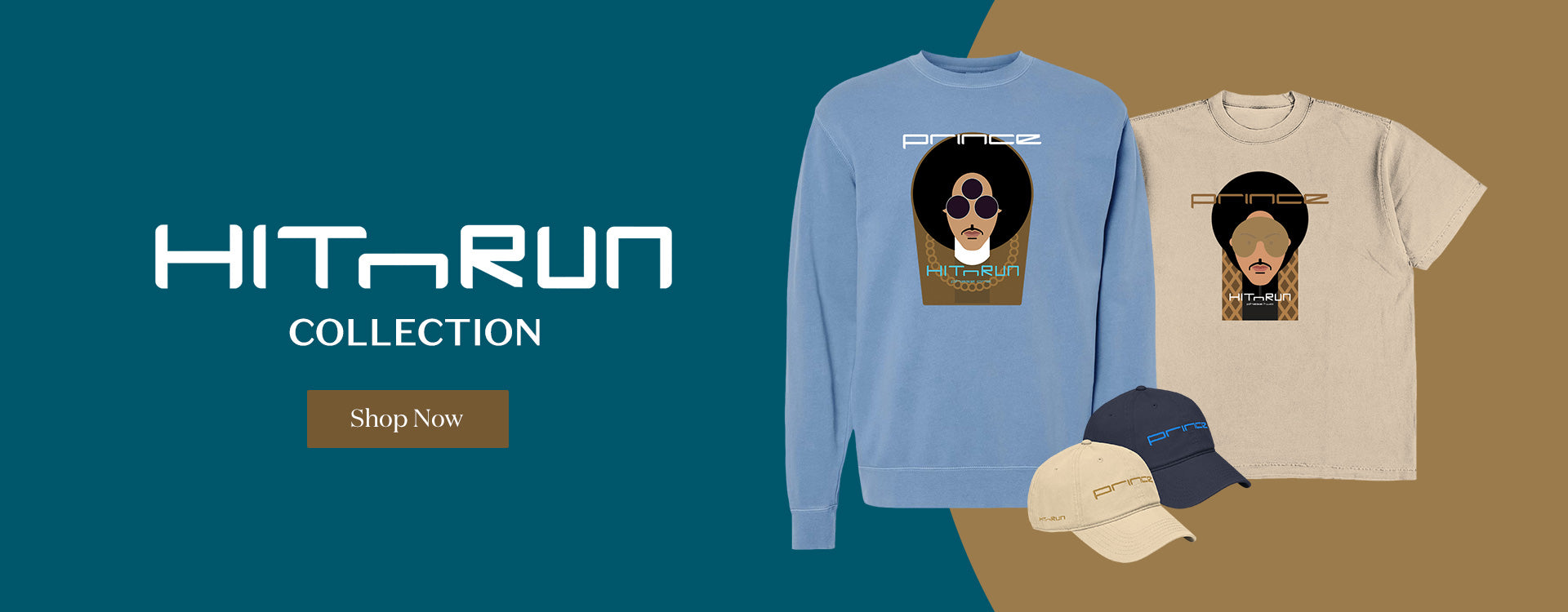 Hithrun Collection t-shirt, sweatshirt, and cap on a blue and brown gradient background