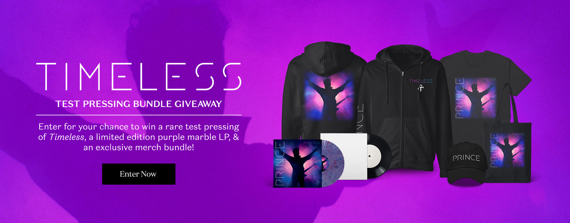 Promotional banner for a 'Timeless Test Pressing Bundle Giveaway' featuring merchandise from the artist Prince, including a hoodie, t-shirt, vinyl record, CD, and tote bag, all printed with a purple and blue graphic of a silhouetted figure against a glowing sky.
