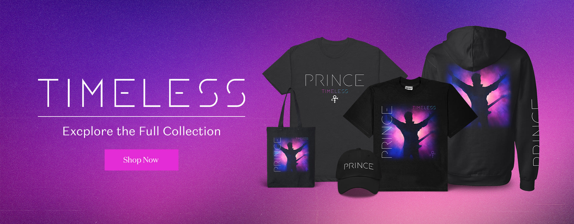 Black merchandise with 'PRINCE' branding on a purple gradient background