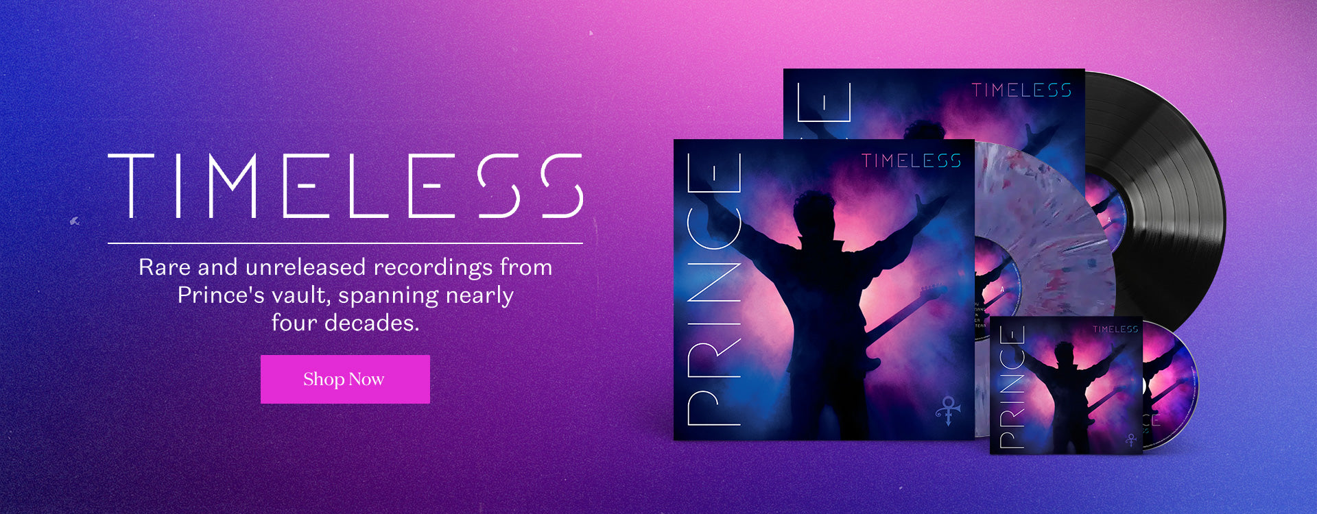 Promotional image for 'Timeless' Prince album collection with vinyl record and packaging on a purple gradient background.