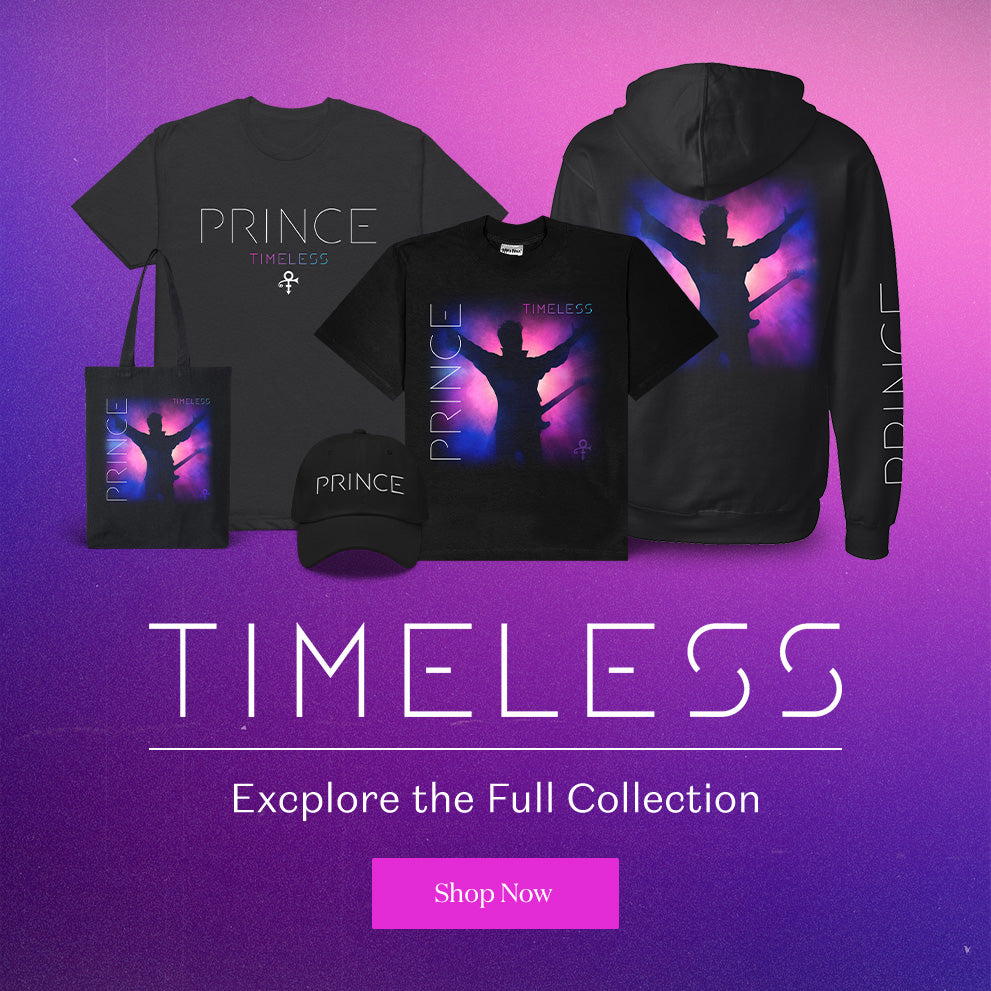 Collection of Prince-themed merchandise including t-shirt, hoodie, cap, and tote bag on a purple gradient background.