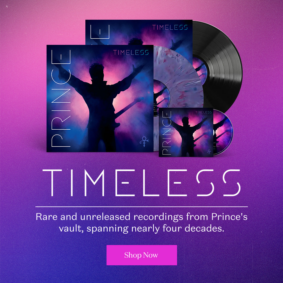 Music album packaging for 'Timeless' by Prince with purple and blue gradient background