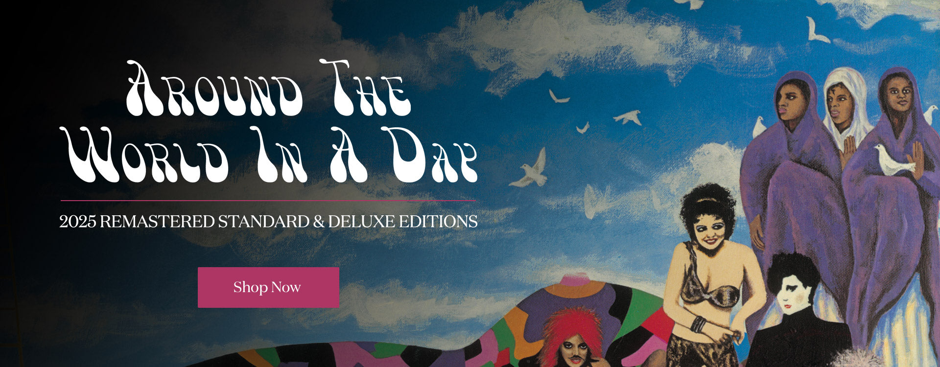 Promotional banner for 'Around The World In A Day' with a stylized illustration of people and a colorful map.