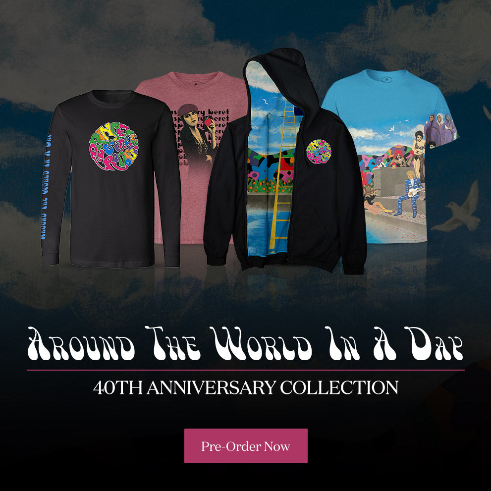 Collection of clothing items with colorful designs on a dark background, featuring 'Around The World In A Day' 40th anniversary collection text.